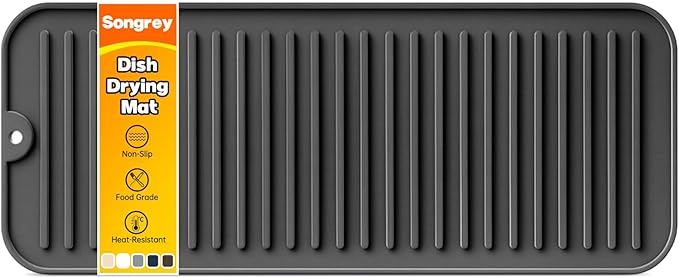 Songrey 16" x 6.5" Silicone Dish Drying Mat, Kitchen Counter Drying Pad for Sink Dishes or Under Rack, Multi-Use as Heat Resistant Trivet, Coffee Bar Mat