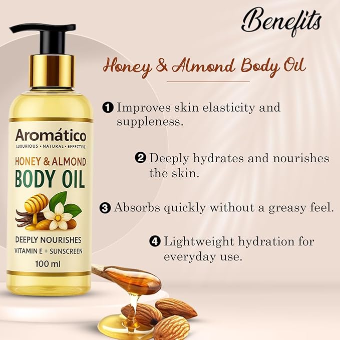 Aromatico Honey & Almond Mini Body Oil for Women. Dry Skin-Deep Hydration Formula for Glowing Skin in the Winters. Non-Sticky Texture, for Daily Use after Bath. Cozy & Creamy Fragrance - 4 fl Oz