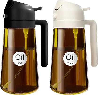 YARRAMATE 2PCS 16oz/470ml Oil Sprayer for Cooking with Stickers, Food-Grade 2 in 1 Olive Oil Dispenser Bottle for Kitchen, Premium Dark AmberGlass Oil Bottle for Air Fryer, BBQ (Black & White)