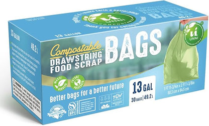 UNNI Compostable Drawstring Bags, 13 Gallon, 49.2 Liter, 30 Count, Heavy Duty 1 Mil, Tall Kitchen Food Scrap Waste Bags, ASTM D6400, US BPI, CMA & Europe OK compost Certified, San Francisco
