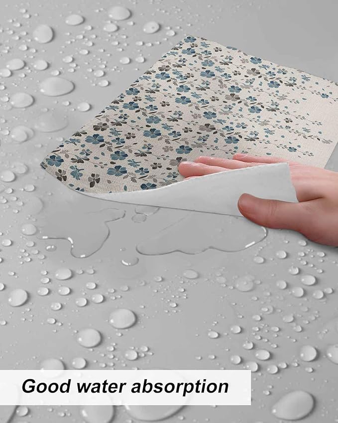 4 Pack Flower Blue Kitchen Dish Cloths, Grey Cherry Blossoms Cotton Linen Background Dishcloths for Kitchen, Reusable Paper Towels, Super Absorbent Quick Drying Washcloths Cleaning Wipes, 8x7 inch