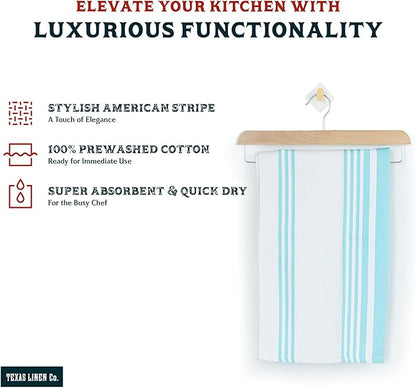 TEXAS LINEN CO. American Stripe Kitchen Towels 100% Cotton Pack of 6, Highly Absorbent Quick Drying, Soft Dish Towels 20x30 Inch for Kitchen with Hanging Loop, Hand & Tea Towel - Aqua & White Striped