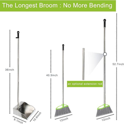 Heavy Duty Broom and Dustpan Set, Metal Stand Up Dustpan with Outdoor Stiff Bristles Broom for Hardwood Patio Floor Sweeping