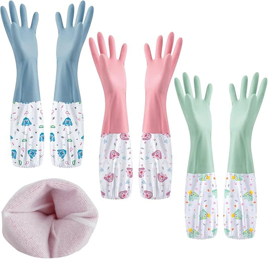 3 Pairs Dishwashing Cleaning Gloves, SHAIDOJIO Waterproof Reusable Kitchen Long Rubber Gloves, Non-Slip Latex-Free Household Gloves With Cotton Lined for Laundry Cleaning Working Gardening Cooking