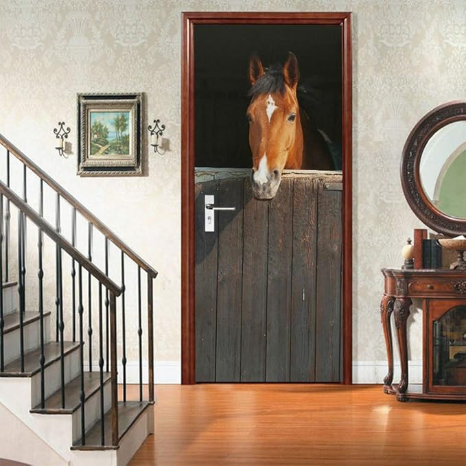 Horse 3D Door Stickers Murals - Peel & Stick Waterproof Washable Matt Finish Realistic Style Adults Wall 35.4" x 78.7"