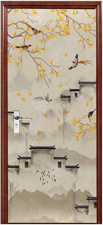 A.Monamour 3D Door Stickers for Interior Doors Flowers Birds Trees and Buildings in Ink Chinese Style Vinyl Waterproof Self Adhesive Door Mural Decals for Bedroom Office Bathroom 85x200cm