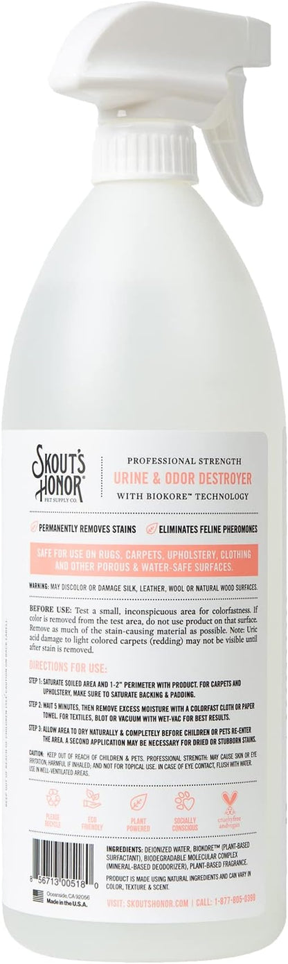 Skout's Honor Cat Urine & Odor Destroyer - Professional Strength, Plant-Powered, Cruelty-Free Urine Eliminator for Carpets and Indoor Living Spaces, 35 oz.