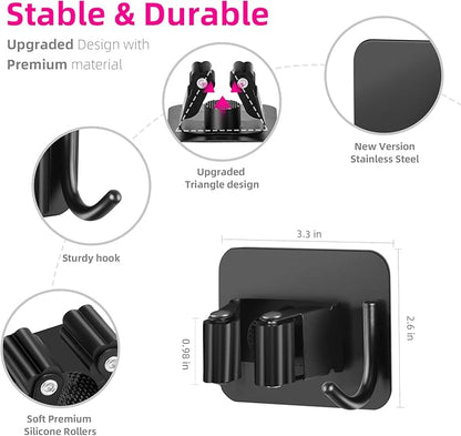 Broom and Mop Holder, Super Anti-Slip Wall Mount, Self Adhesive Gripper for Bathroom, Garage and Laundry Room Storage, Black