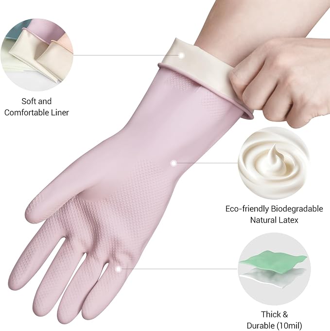 ThxToms 4 Pairs Reusable Rubber Gloves, 13" Natural Latex, 10mil Thick Heavy Duty Dishwashing & Cleaning Gloves, Non-Slip Grip, Multi-Color, Ideal for Kitchen, Bathroom, Car, & Garden Cleaning, Medium