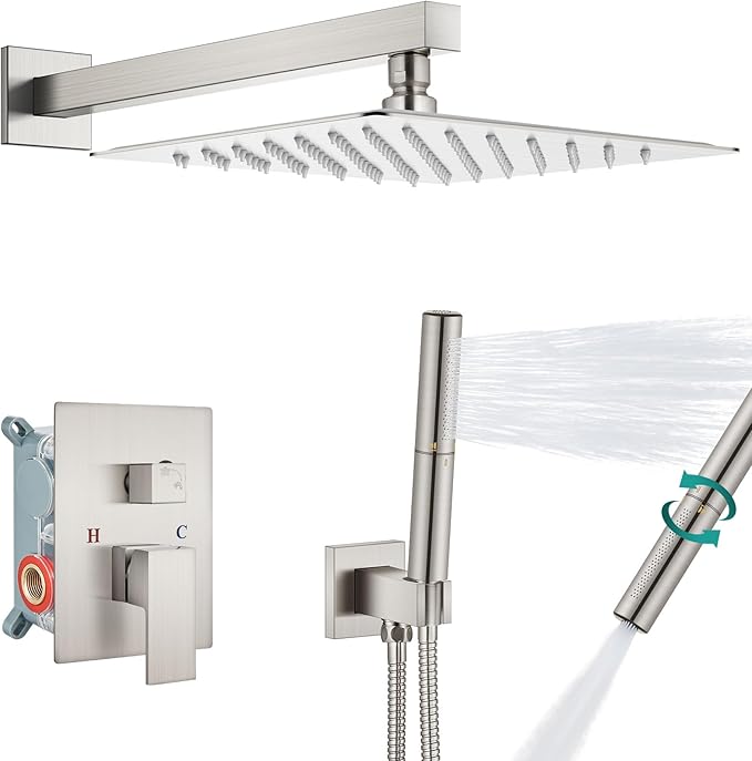 Aolemi Shower Faucet Set, High Pressure Shower System with 2-in-1 Handheld Sprayer, Wall Mount Fixture Combo with Rough-in Valve, 16 Inch Shower Head, Brushed Nickel