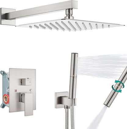 Aolemi Shower Faucet Set, High Pressure Shower System with 2-in-1 Handheld Sprayer, Wall Mount Fixture Combo with Rough-in Valve, 16 Inch Shower Head, Brushed Nickel