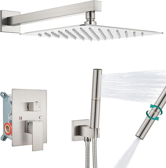Aolemi Shower Faucet Set, High Pressure Shower System with 2-in-1 Handheld Sprayer, Wall Mount Fixture Combo with Rough-in Valve, 16 Inch Shower Head, Brushed Nickel