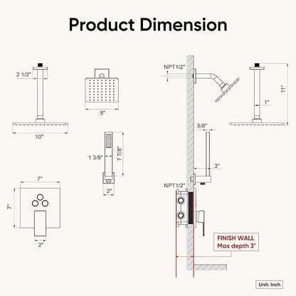 Black Shower System, Shower Faucet Set with 3 In 1 Push Button Valve, Shower Faucet included 10" Ceiling Shower Head and 8" Wall-Mount Shower Head with Handheld Spray, Matte Black