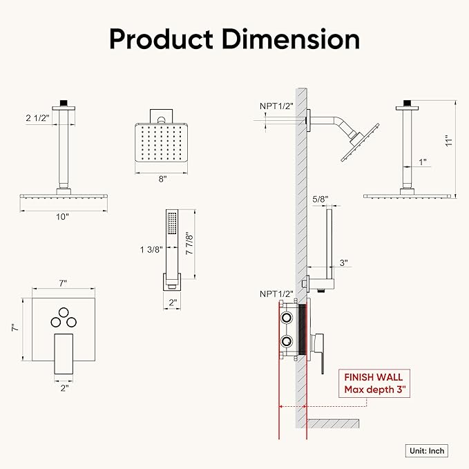 Shower System, Shower Faucet Set with 3 In 1 Push Button Valve, Shower Faucet included 10" Ceiling Shower Head and 8" Wall-Mount Shower Head with Handheld Spray, Brushed Nickel