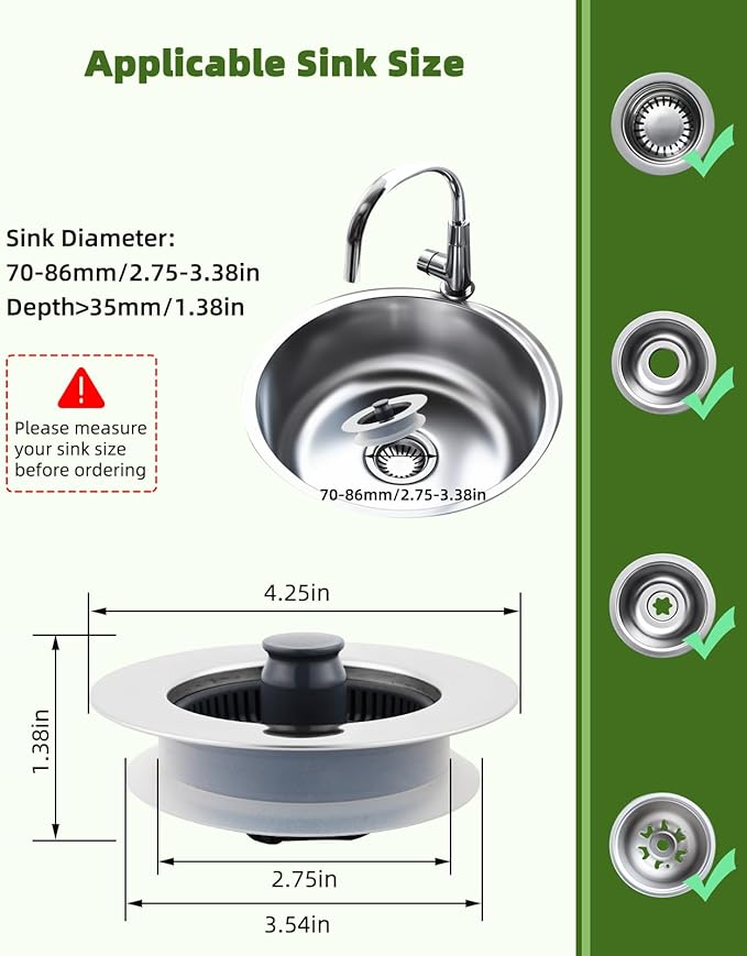 Universal Kitchen Sink Strainer Stopper Combo, 3 in 1 Pop Up Kitchen Sink Stopper with Chrome Stainless Steel Wraped Shell for US Standard 3-1/2 inch Drain Filter, Anti-Clog