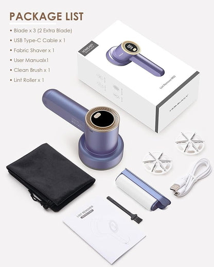 Fabric Shaver Fuzz Remover Rechargeable, HOMEASY Electric Lint Remover Shaver with 3 Blades & LED Digital Display, Sweater Couch Fabric Pill Shaver for Sweater, Couch, Furniture (Purple)