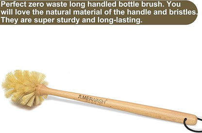 Bottle Brush with Strong Sisal Bristles, 13-3/4 Inch Long Wood Handle Hanging Design Cleaning Brush Cleans and Scrubs Wide Mouth Jars, Glasses, Vases, Mugs and Pitchers