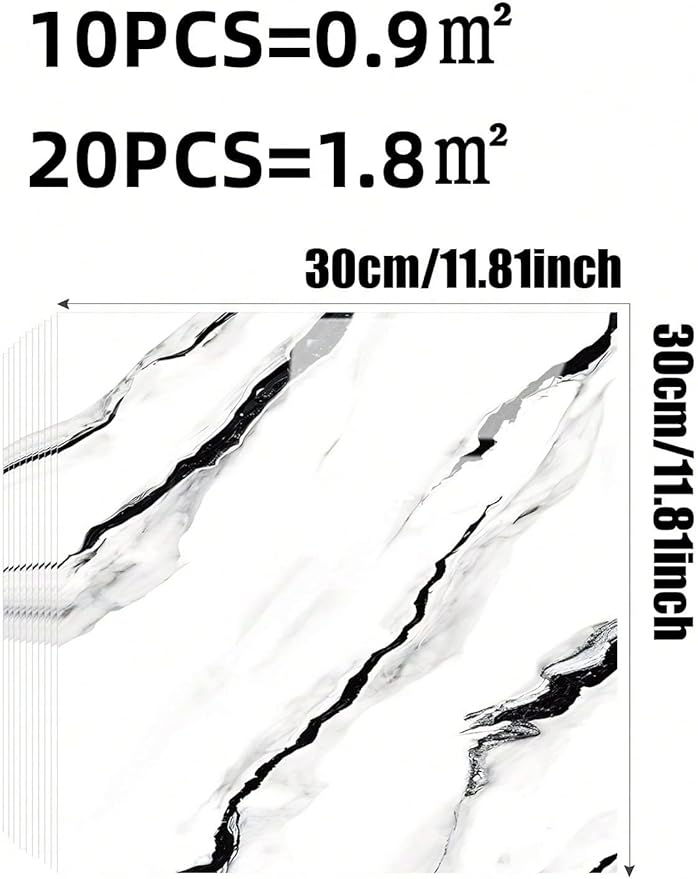 Chejiaye 10pcs Marble Peel and Stick Backsplash Waterproof Washroom Wall Panels, Peel and Stick Tile, PVC Foam Wall Panels for Kitchen,Bathroom,living room,White and Black(Not Real Tile,11.8" x 11.8")