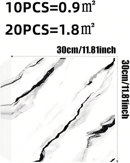 Chejiaye 10pcs Marble Peel and Stick Backsplash Waterproof Washroom Wall Panels, Peel and Stick Tile, PVC Foam Wall Panels for Kitchen,Bathroom,living room,White and Black(Not Real Tile,11.8" x 11.8")