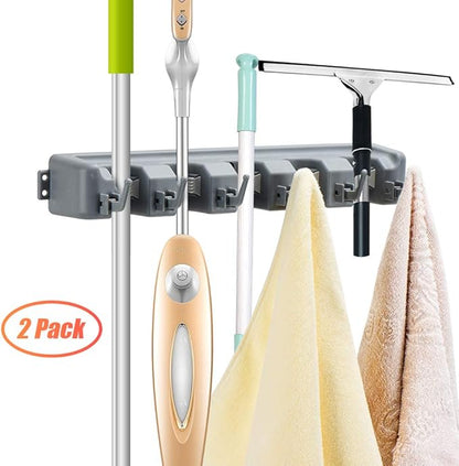 HOME MASTER HARDWARE (2 Pack 16 in Broom Mop Holder Garage Storage Organizer with 5 Racks 6 Hooks Adjustable Wall Mounted Storage Tool for Lanudry Garage Kitchen Garden