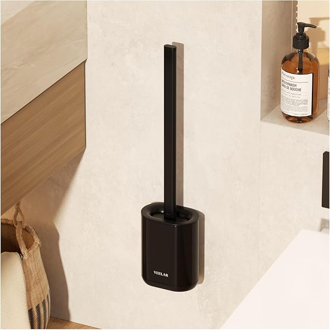 Toilet Brush and Holder Set - Wall Mounted Bathroom Scrub Brush, Toilet Bowl Brush and Plunger Set for Bathroom Cleaner (Black)