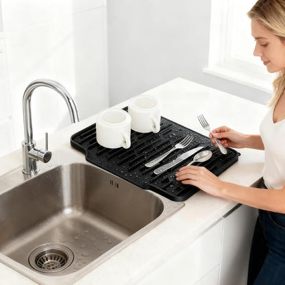 Silicone Kitchen Countertop Dish Drying Mat with Water Collection Tray Non-Slip Pad ( Black)