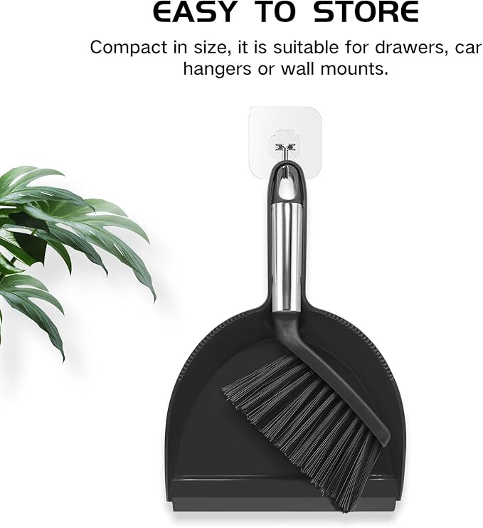 NACENA Mini Broom and Dustpan Set 2 Packs, Small Dust Pan and Brush Set with Handle Dustpan Teeth for Cleaning Hair Suitable for Office Desks Drawers Sofas Outdoor Camping, Black