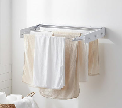 Wall Mounted Clothes Drying Rack, 32" Space Saving Foldable Laundry Drying Rack with Wall Template for Bathroom, Apartment, College Dorm (White Shelf with 5 Rods and 6 Hooks)