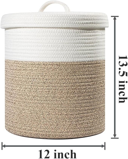 Yimi's Dream Lidded Storage Basket, Medium Cotton Rope Basket with Lid, Small Round Storage Basket for Nursery, Living Room, Kids, Blanket, Toys (12''D * 13.5''H, Brown & White)