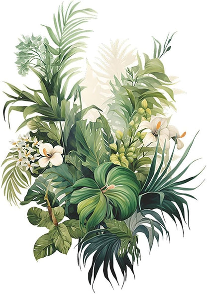 Botanical Wall Decals with Palm Leaves Lush Green Foliage White Flowers Removable Peel and Stick Wall Art 22.4x15.7 inches for Living Room Nursery Home Decor