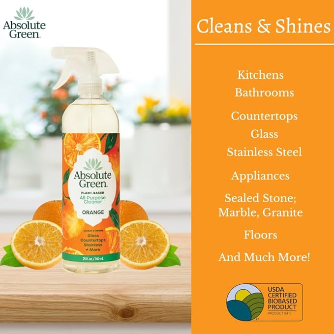 Absolute Green All Purpose Cleaner Spray, Non-Toxic, Kitchen, Bath, Countertop, Stainless, Safe around Kids + Pets, Natural Orange Scent, 25 oz (1 Pack)