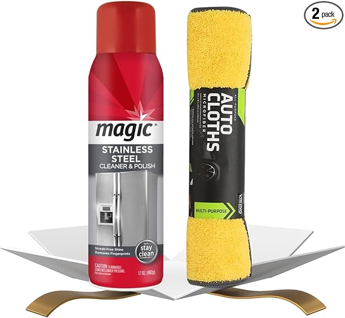 Magic Citrus Scent Stainless Steel Cleaner & Polish 17 oz Spray Bundle with Microfiber Cleaning Cloth — Foaming Formula for Kitchen Appliance Surface Care — Gift Set (2 Items)