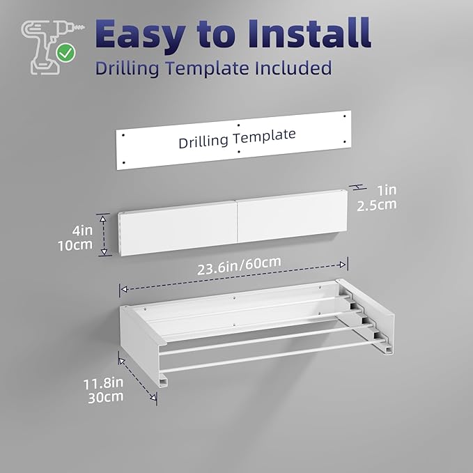 ZMBESUP Laundry Drying Rack - Collapsible Wall Mounted Rack, 23.6" Wide, 11.2 Linear Ft, 4 Aluminum Rods, 60 lb Capacity (White)