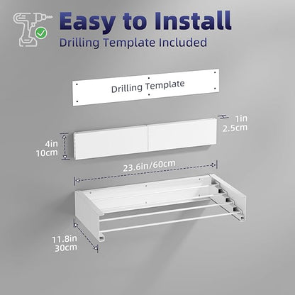 ZMBESUP Laundry Drying Rack - Collapsible Wall Mounted Rack, 23.6" Wide, 11.2 Linear Ft, 4 Aluminum Rods, 60 lb Capacity (White)