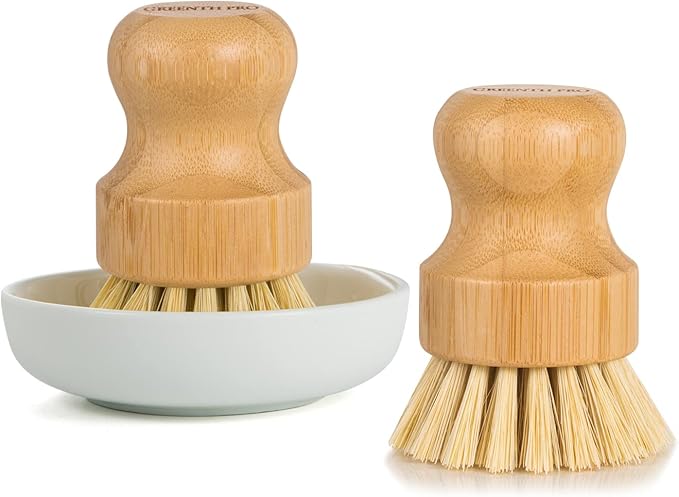 Bamboo Dish Brush-2 Pack Nature Sisal Scrubber Brush with Ceramics Holder-Wooden Brush for Pot,Dish and Vegetables