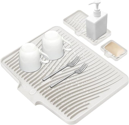 Silicone Dish Drying Mat for Kitchen Counter, Dish Drying Pad, Non-Slip Drain Pad with Built-in Drain, Heat Resistant Stone Drying Mat,Cream-1Set-XL