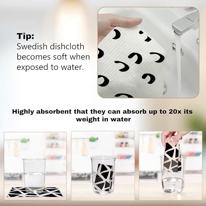 Swedish Dishcloths for Kitchen, 6 Pack Geometric Reusable Paper Towels Reusable Paper Towels and Dishcloths Sets, Washable Absorbent Cellulose Sponge Cloths No Odor for Cleaning Home Kitchen