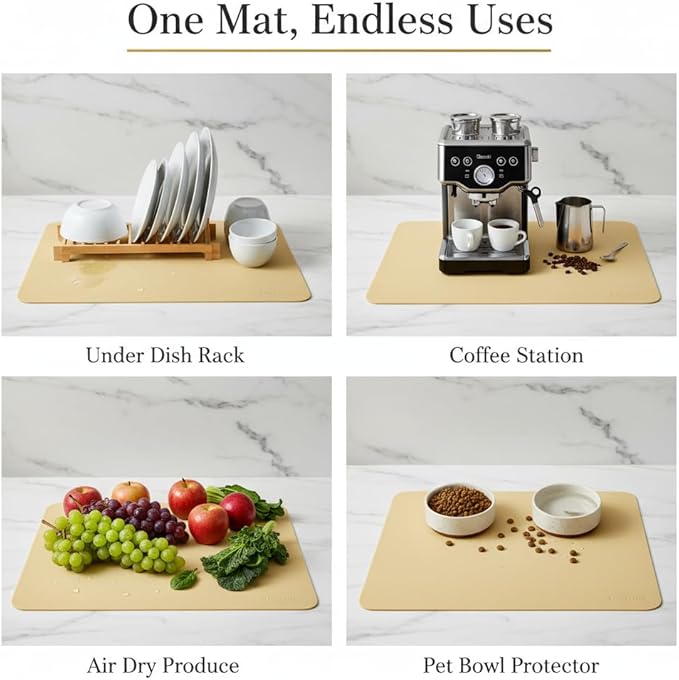 Dish Drying Mat Super Absorbent – 16" x 18" Coffee Mat for Countertops – Non-Slip Drying Mat for Kitchen Counter – Easy to Clean Water Absorbent Mat – Large Dish Drying Mats (Butter Yellow)