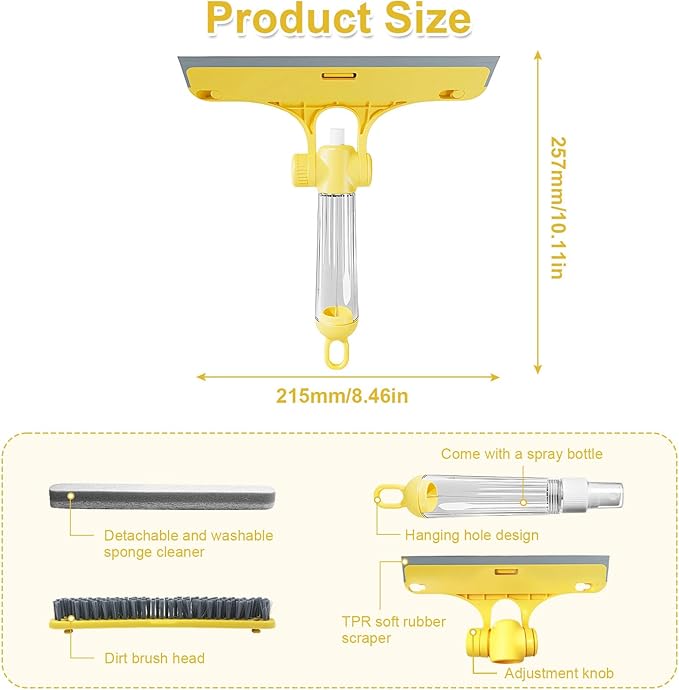 4 in 1 Window Cleaning Scraper Tool Kit, TPR Squeegee with Sprayer Bottle, Multifunctional Window Cleaning Tool, Detachable Brush, for Car, Home, Kitchen Windows (Yellow)