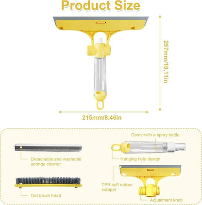 4 in 1 Window Cleaning Scraper Tool Kit, TPR Squeegee with Sprayer Bottle, Multifunctional Window Cleaning Tool, Detachable Brush, for Car, Home, Kitchen Windows (Yellow)