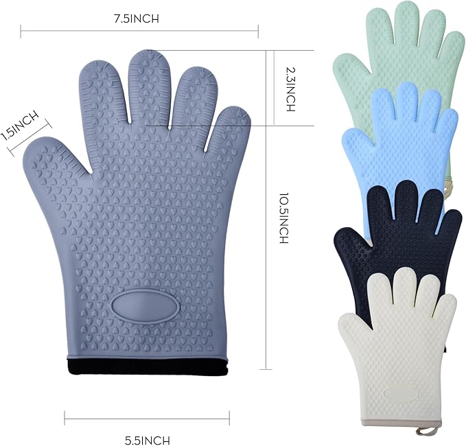 Silicone Oven Mitts Heat,1 Pair Non-Slip Five-Finger Oven Gloves, Waterproof Flexible BBQ Grilling Gloves with Hanging Loops, Kitchen Mitts for Baking Cooking Frying (Gray)