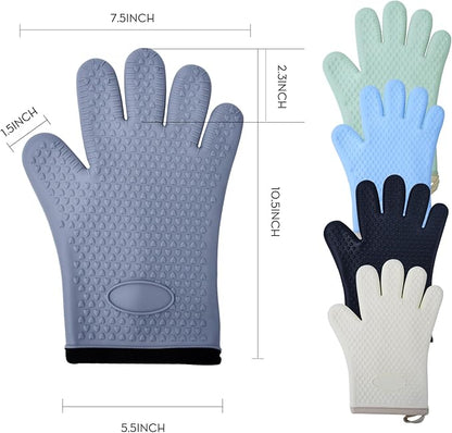 Silicone Oven Mitts Heat,1 Pair Non-Slip Five-Finger Oven Gloves, Waterproof Flexible BBQ Grilling Gloves with Hanging Loops, Kitchen Mitts for Baking Cooking Frying (Gray)