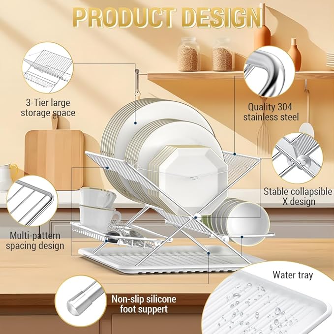 Over The Sink Dish Drying Rack, Collapsible 3 Tier Dish Racks for Kitchen Counter, Large Capacity Stainless Steel Dish Drainer with Utensil Holder and Drainboard (Upgraded)