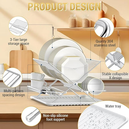 Over The Sink Dish Drying Rack, Collapsible 3 Tier Dish Racks for Kitchen Counter, Large Capacity Stainless Steel Dish Drainer with Utensil Holder and Drainboard (Upgraded)