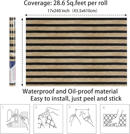 Arthome 17''x240'' Wood Slat Wallpaper,Peel and Stick Self Adhesive Wood Wallpaper PVC Vinyl Decorative Removable Wallpaper Waterproof Faux Wood Grating Stripe Contact Paper for Living Room Bedroom