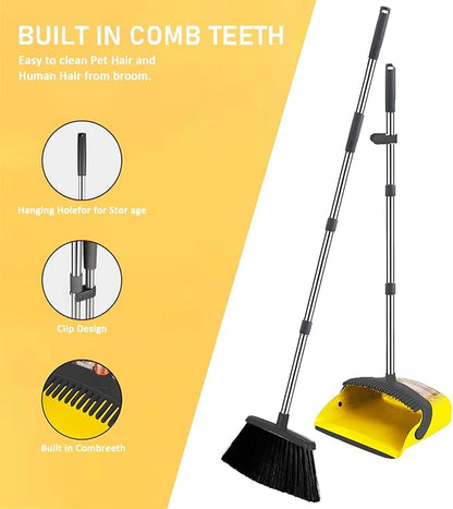 2-Pack is More economical,Brooms with Dustpan Combo Set， with 52" Long Handle, Dustpan Teeth with self-Cleaning Function, Indoor and Outdoor Sweeping, Perfect for Home Office(Large/Yellow /2-Pack).
