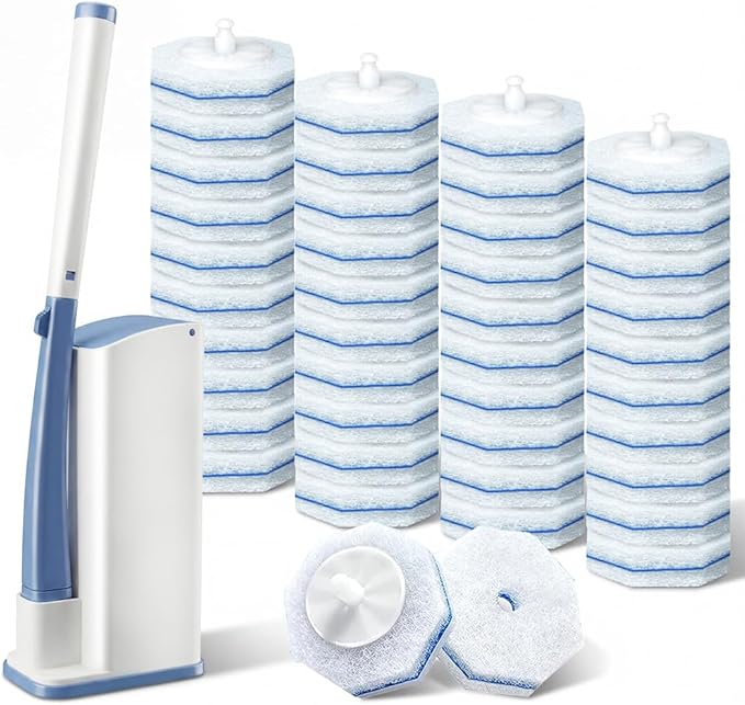 ROUNDSQUARE Disposable Toilet Bowl Cleaner with 40 Disinfecting 5X Power Refill Heads, Wands, Storage Caddy, Cleaning System Starter Kit