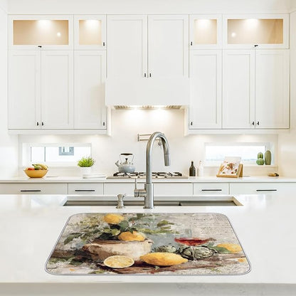Dish Drying Mats with Hanging Loop for Kitchen Counter - Super Absorbent & Microfiber Sink Dry Mat with Vintage Lemon Paisley Floral, Non-Slip Backing, Dishes, Sink, Countertop Protection 18"x24"