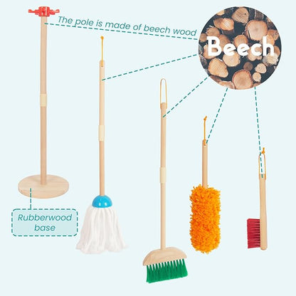 Kids Cleaning Set, Housekeeping Play Set Includes Broom Mop Duster Dustpan Brushes Rag and Organizing Stand, Cleaning Toys Gift for Toddlers Girls Boys Age 3-6, Solid Beech Wood (Blue)