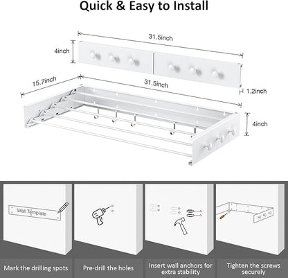 Drying Rack Clothing,Clothes Drying Rack Wall Mounted,Laundry Drying Rack Wall Mount,Foldable,Collapsible,60 lb Capacity 5 Aluminium Poles with 6 Hooks (White, 31" Upgrade)
